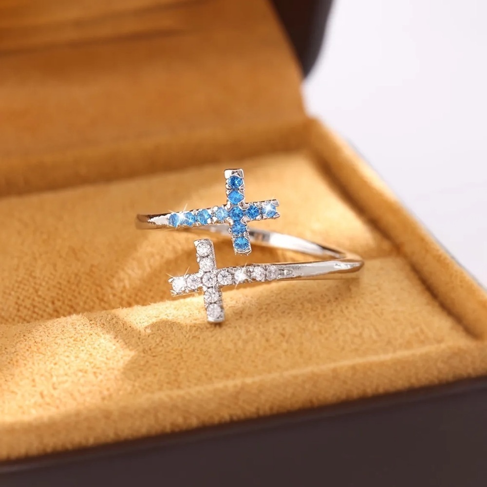 Silver Double Cross Adjustable Ring Women’s Blue Rhinestone Faith Jewelry - Picture 4 of 4